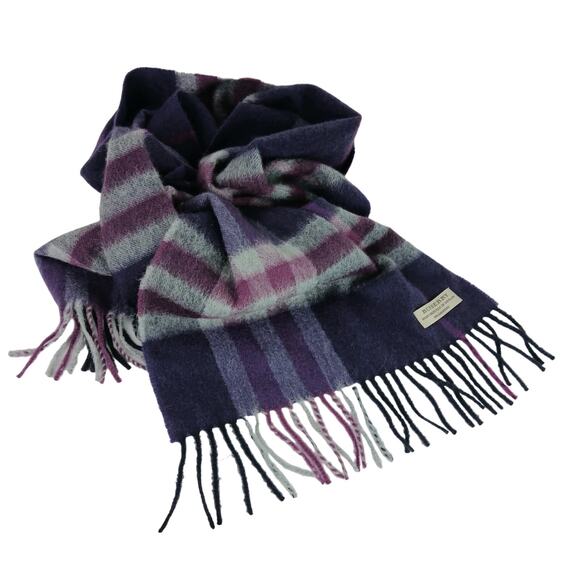Burberry Made Exclusively In Scotland Purple Pink Gray Plaid Cashmere Scarf - Picture 1 of 4